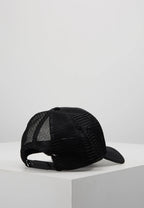 The North Face TNF Logo Trucker Cap in black and white.