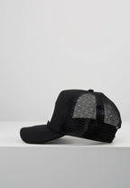 The North Face TNF Logo Trucker Cap in black and white.