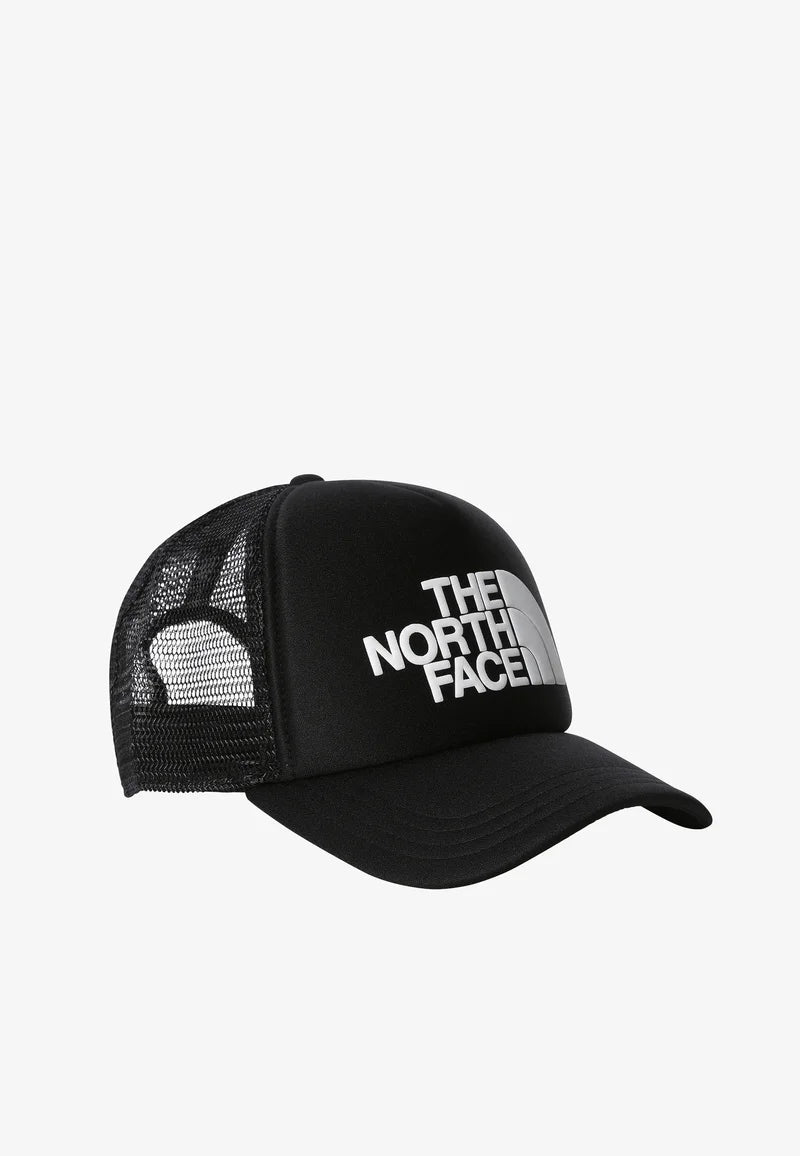 The North Face TNF Logo Trucker Cap in black and white.