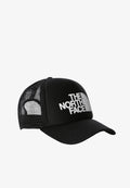 The North Face TNF Logo Trucker Cap in black and white.