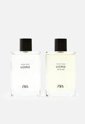 Two Zara Man Uomo fragrance bottles side by side on a light gray background, one with clear liquid and one with pale yellow liquid, both with black caps.