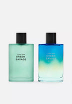 Two Zara Man Green Savage perfume bottles side by side on a light gray background. The left bottle is a solid mint green, and the right bottle is a blue-to-green gradient.