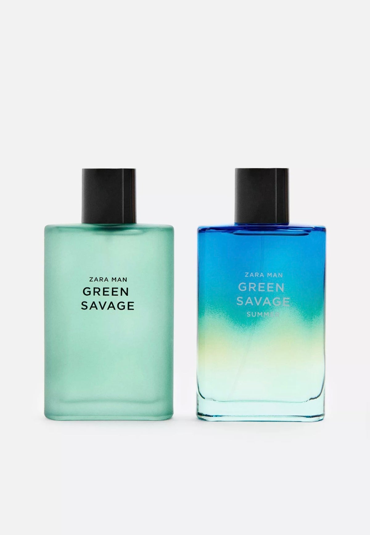 Two Zara Man Green Savage perfume bottles side by side on a light gray background. The left bottle is a solid mint green, and the right bottle is a blue-to-green gradient.
